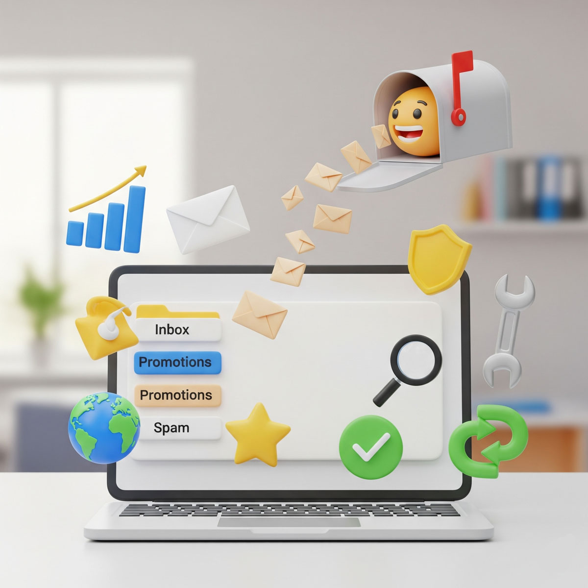 3D modern cartoon laptop with inbox dashboard surrounded by nine tool icons and a mailbox sending emails into the screen.