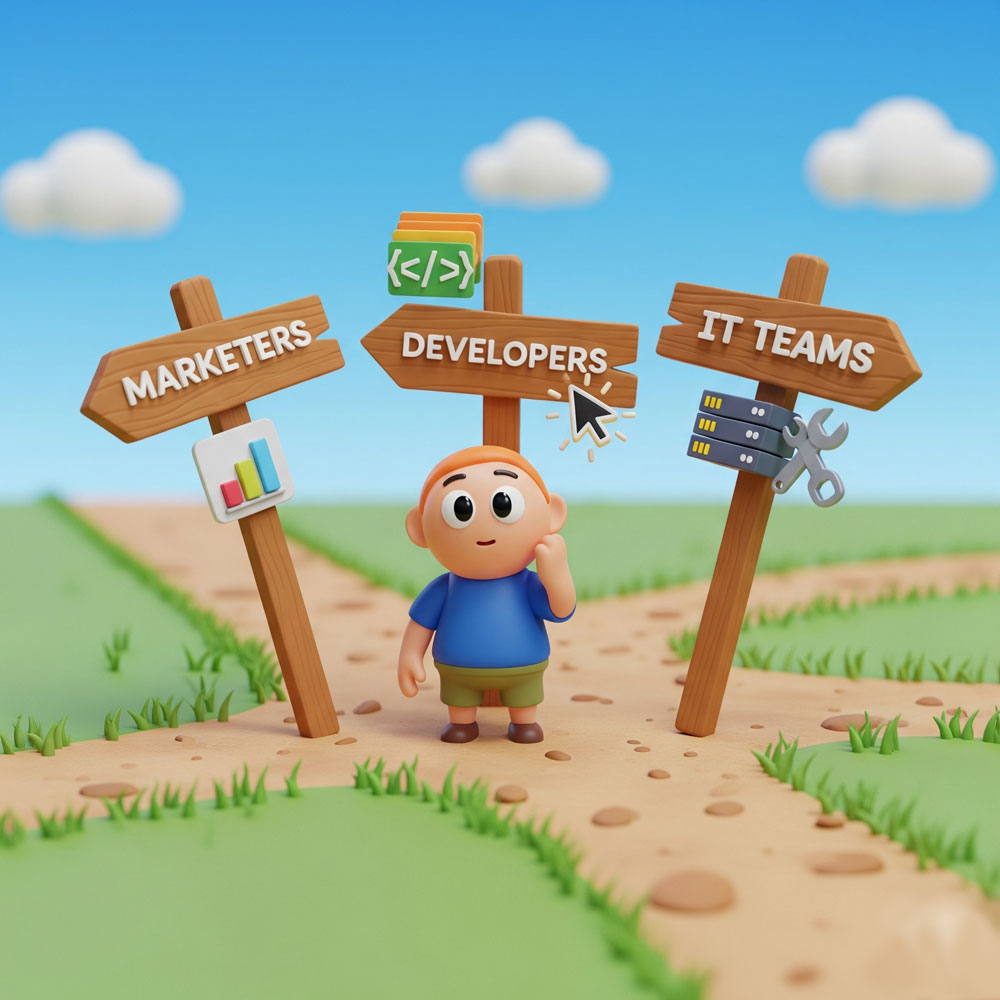 3D character at a crossroads choosing deliverability tools for marketers, developers, or IT teams.