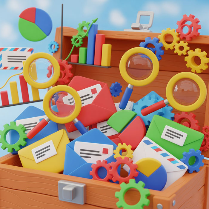 A 3D open toolbox filled with colorful cartoon envelopes, magnifying glasses, graphs, and gears, symbolizing different deliverability tools